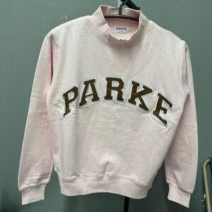 Parke Pale Pink Mock Neck Sweatshirt with Brown Arch Logo